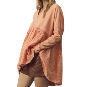 Anthropologie Pilcro Long-Sleeve Babydoll Top Light Orange Gingham Size Small
